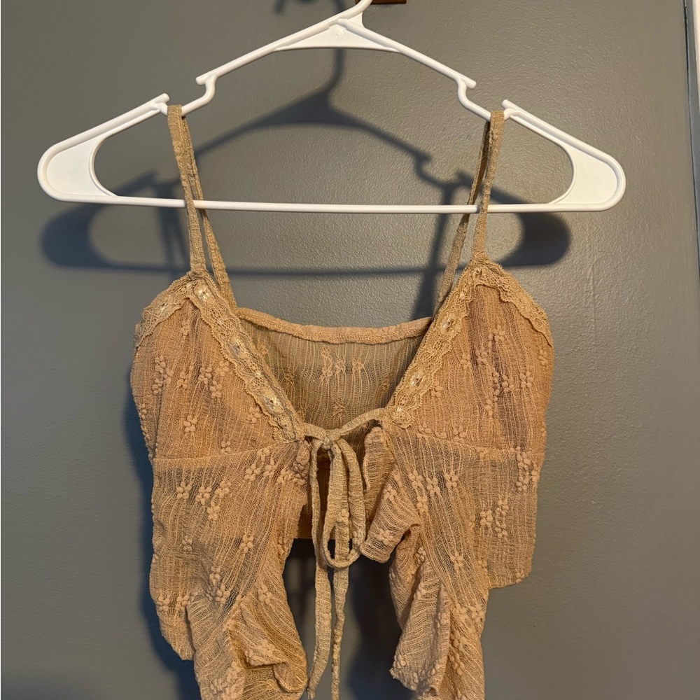 Elegant Tan Lace Trimmed Women's Top